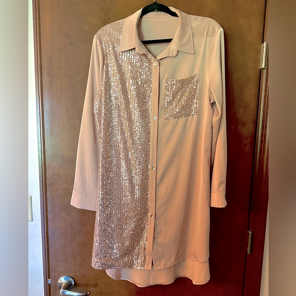 Blush Half Sequin Shirt Dress